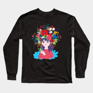 Spring Girl Flower Illustration Long Sleeve T-Shirt